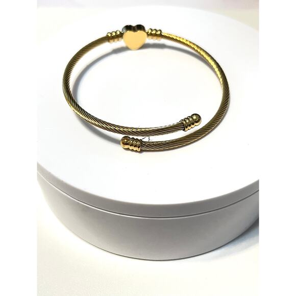 Gold Plated Heart Initial S Expandable Stainless Steel Cuff Bracelet - Picture 3 of 4